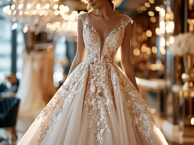 Brautkleid mit Spitzenapplikationen und weitem Tüllrock