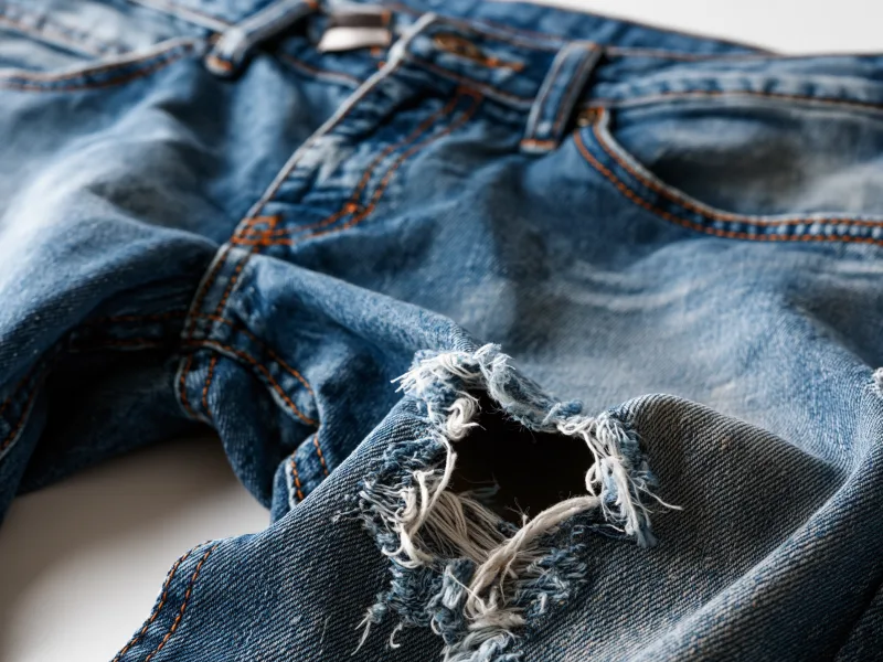 Blaue Jeans mit großem Riss am Knie als Beispiel für Änderungen und Reparaturen