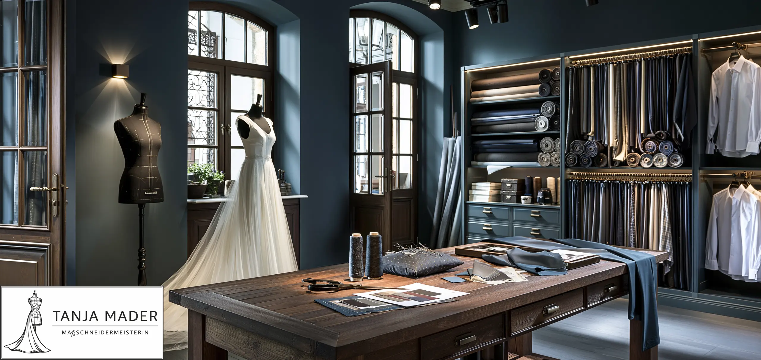 Laden_Tanja Blick in das Atelier mit Brautkleid auf einer Schneiderpuppe, Stoffrollen und großem Arbeitstisch